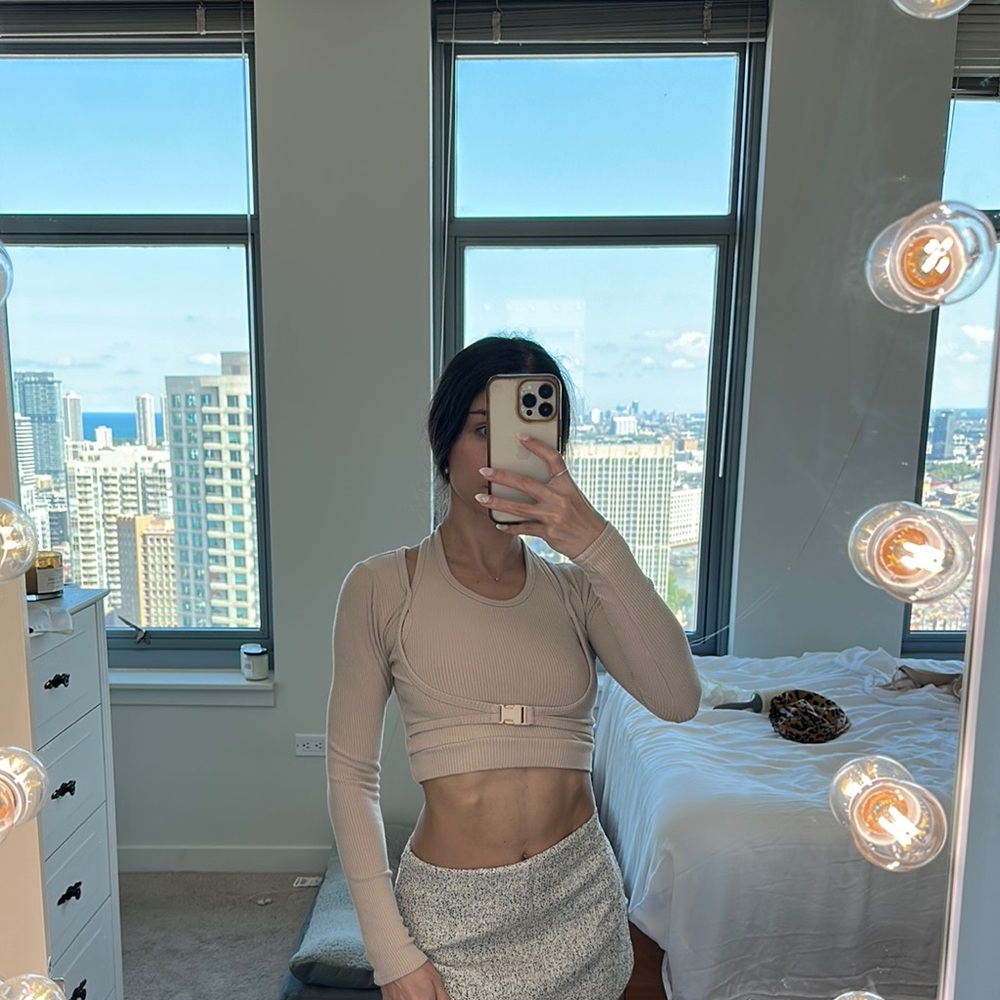 Beige Long Sleeve Crop Top with Buckle (Australian Boutique Size S)